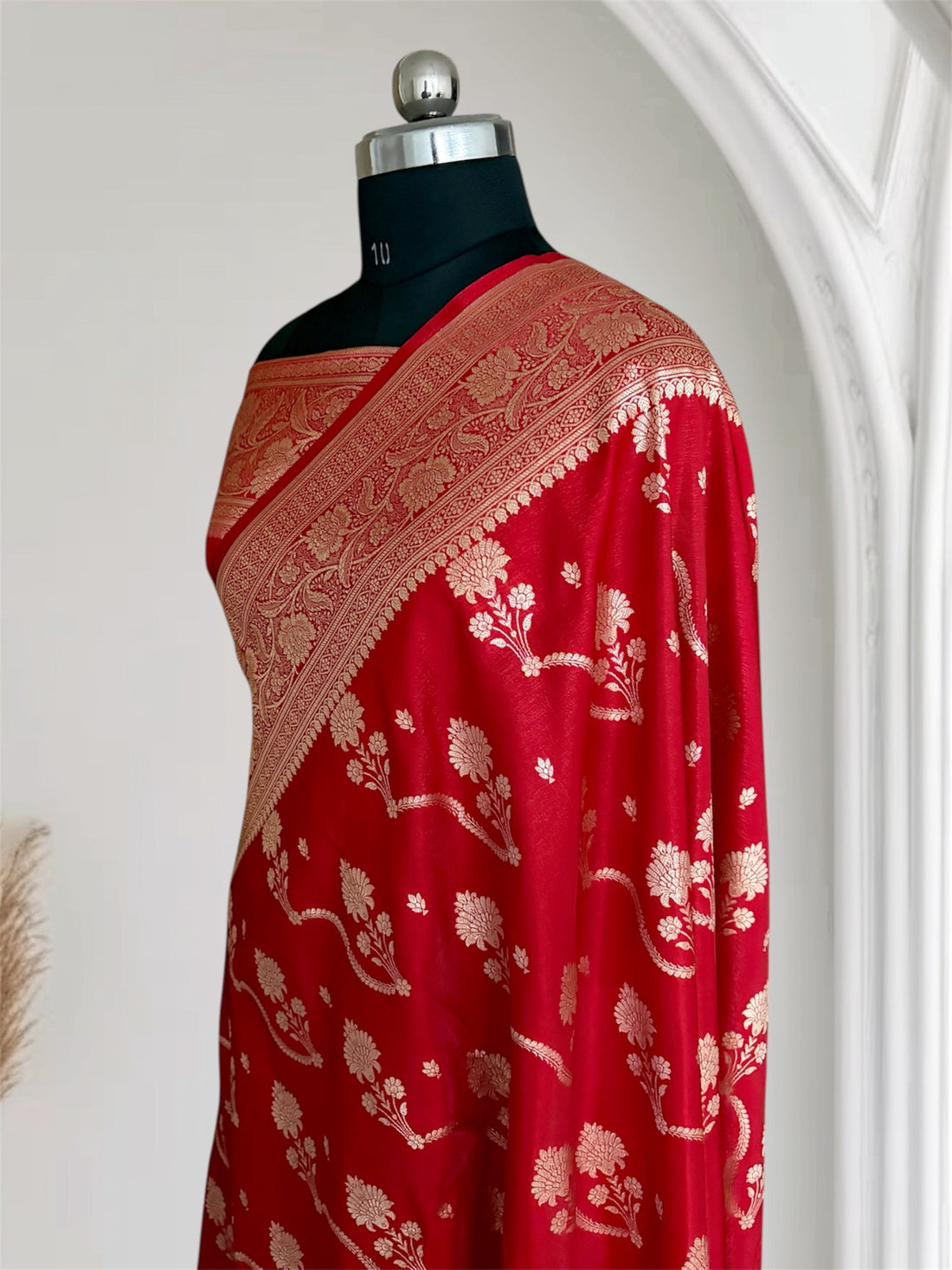 Red Satin Silk Banarasi Saree – Tircha Jaal