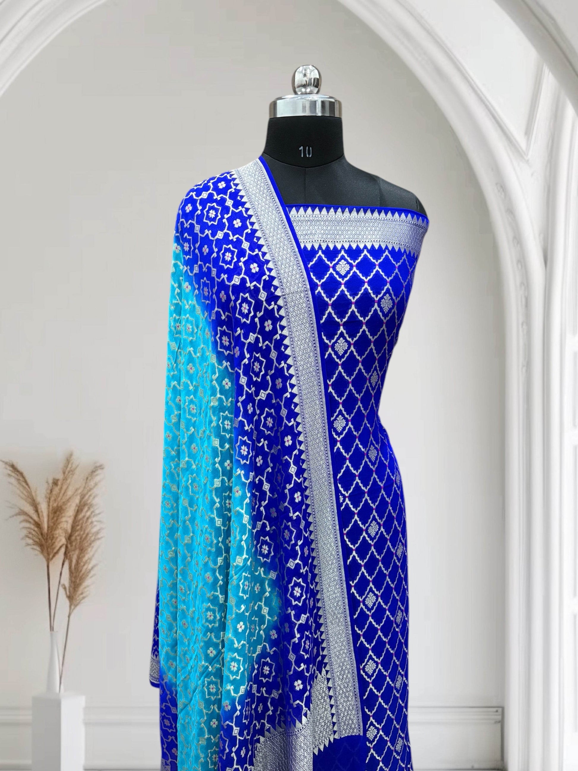 Blue & Blue-Green Pure Chiffon Georgette Banarasi Suit - Zohra Silk