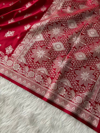 Red Soft Kataan Silk Motif Banarasi Saree In Silver Zari
