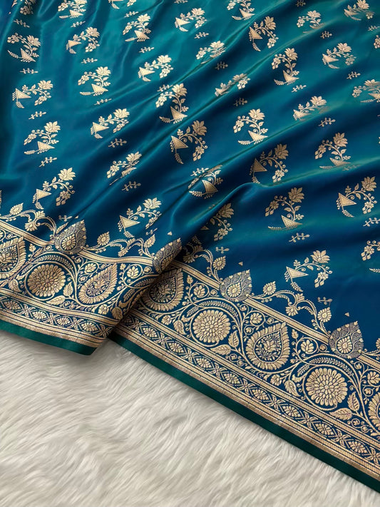 Peacock Shaded Fancy Motif Satin Silk Banarasi Saree