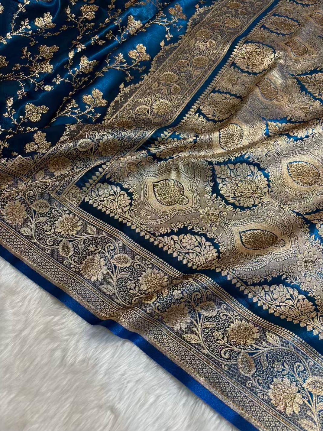 Teal Blue With Swarovski Stone Work Jaal Pattern Satin Silk Saree