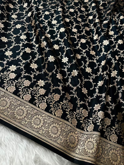 Black Beauty Satin Silk Banarasi Saree Floral Jaal