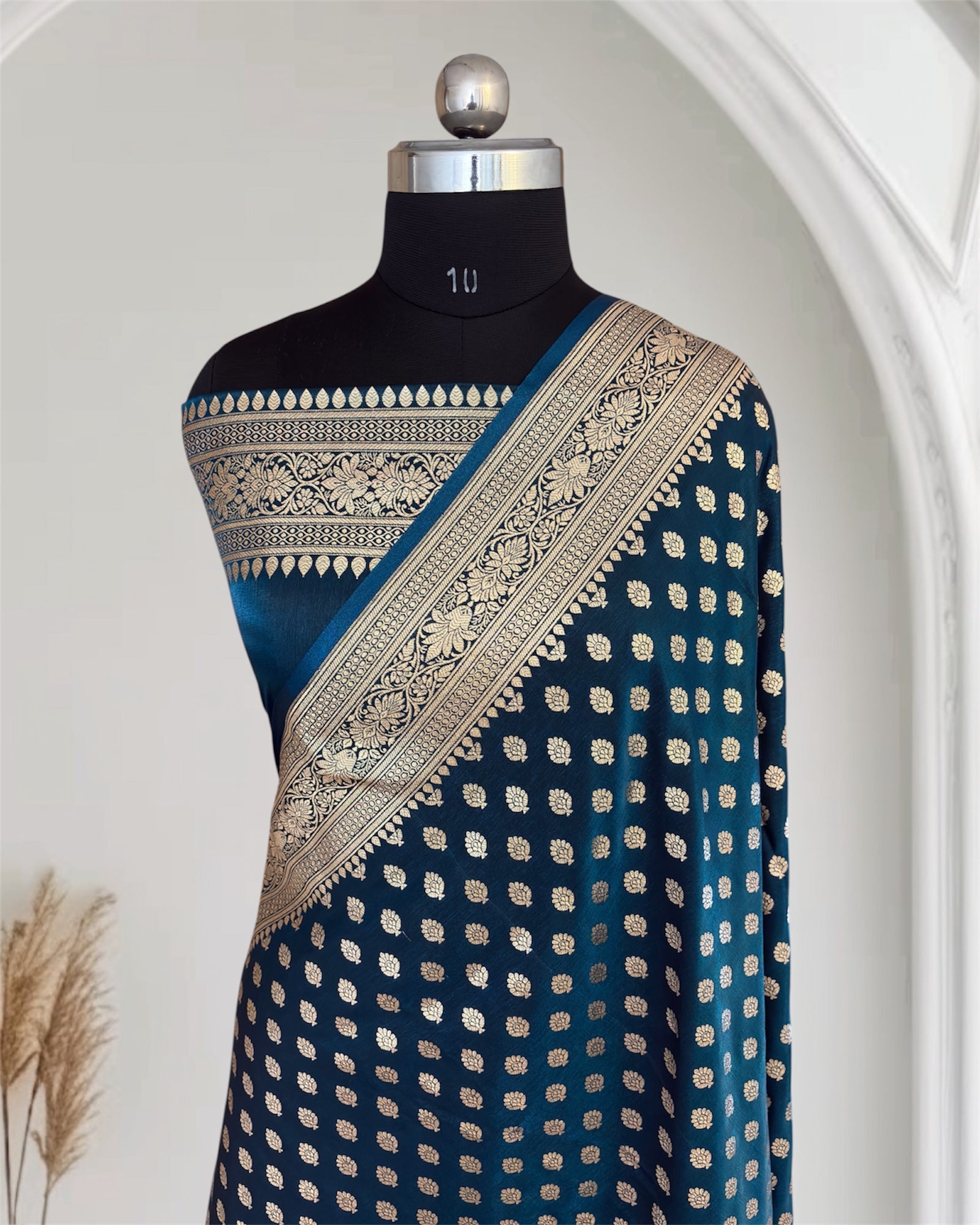 Dark Blue Satin Silk Banarasi Motif Saree