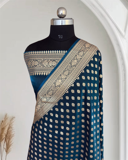 Dark Blue Satin Silk Banarasi Motif Saree