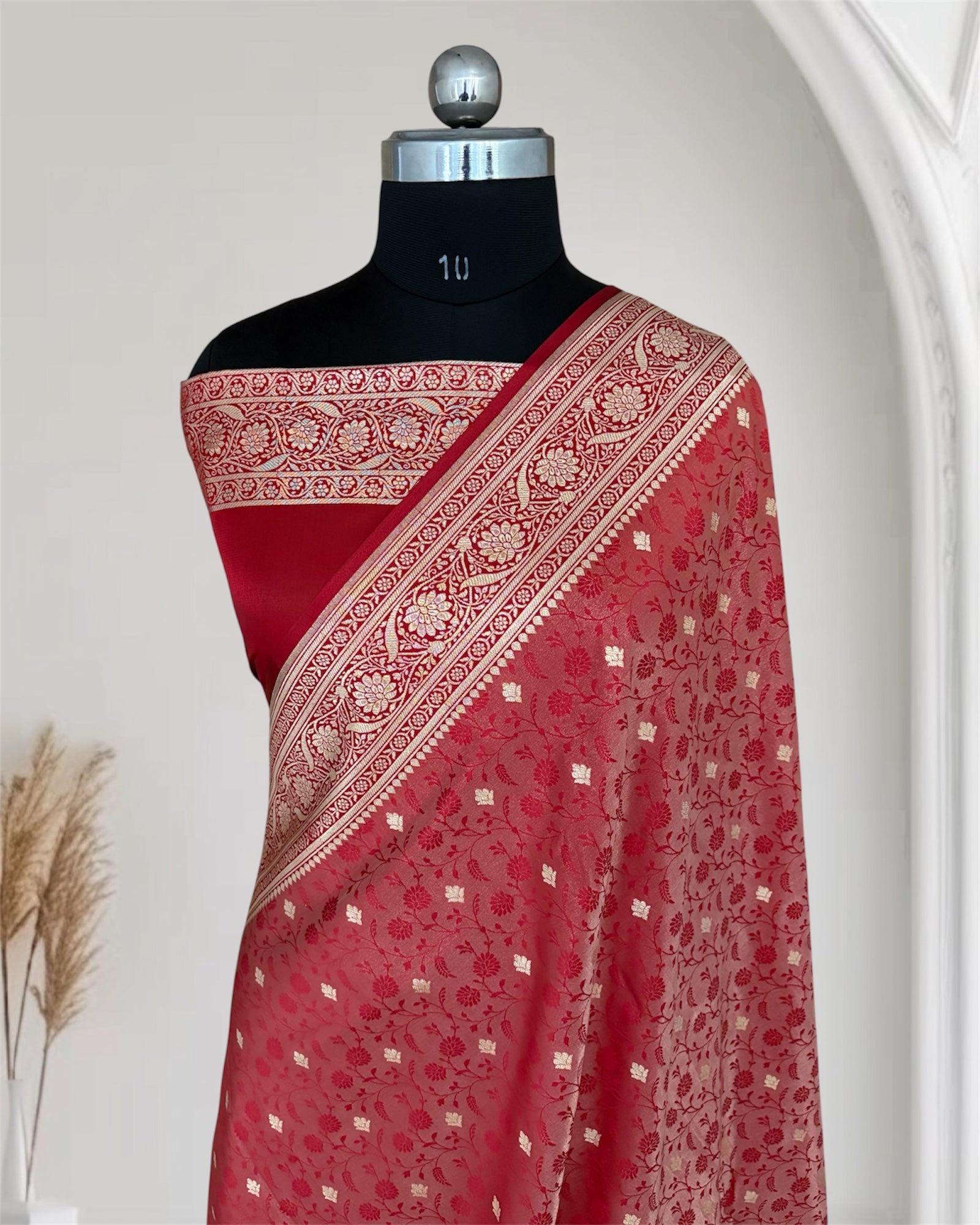 Red & Red Satin Silk Banarasi Saree Tanchui Jaal