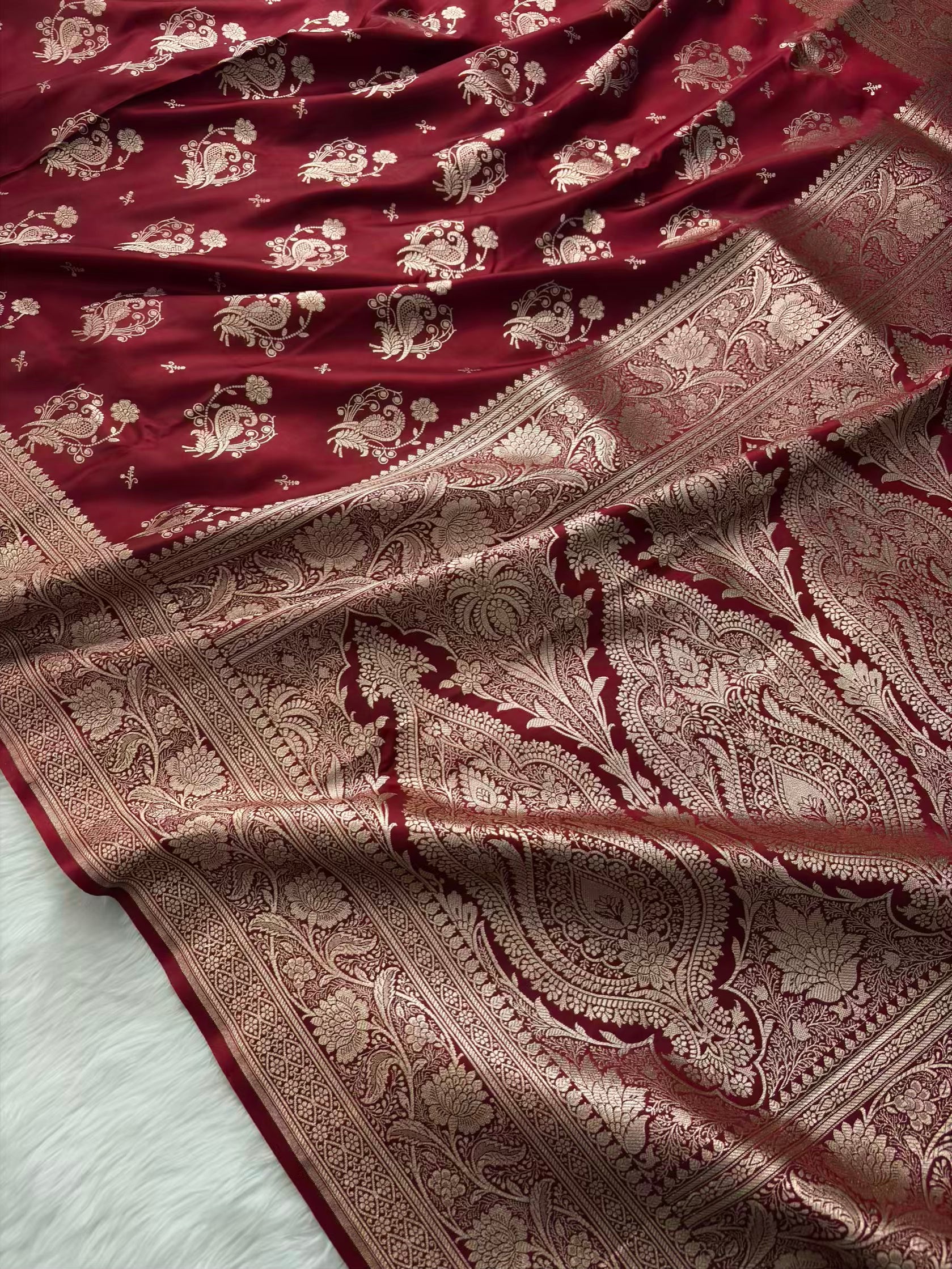MorPankhi Maroon Satin Silk Banarasi Saree