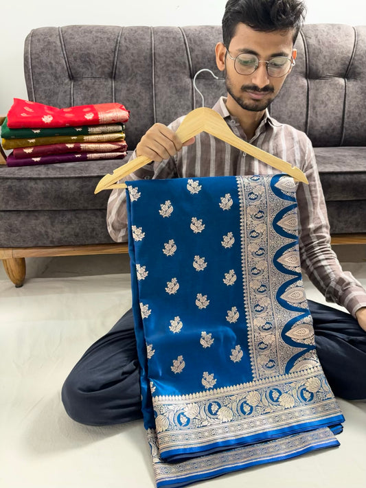 Teal Blue Satin Silk Motif Banarasi Saree