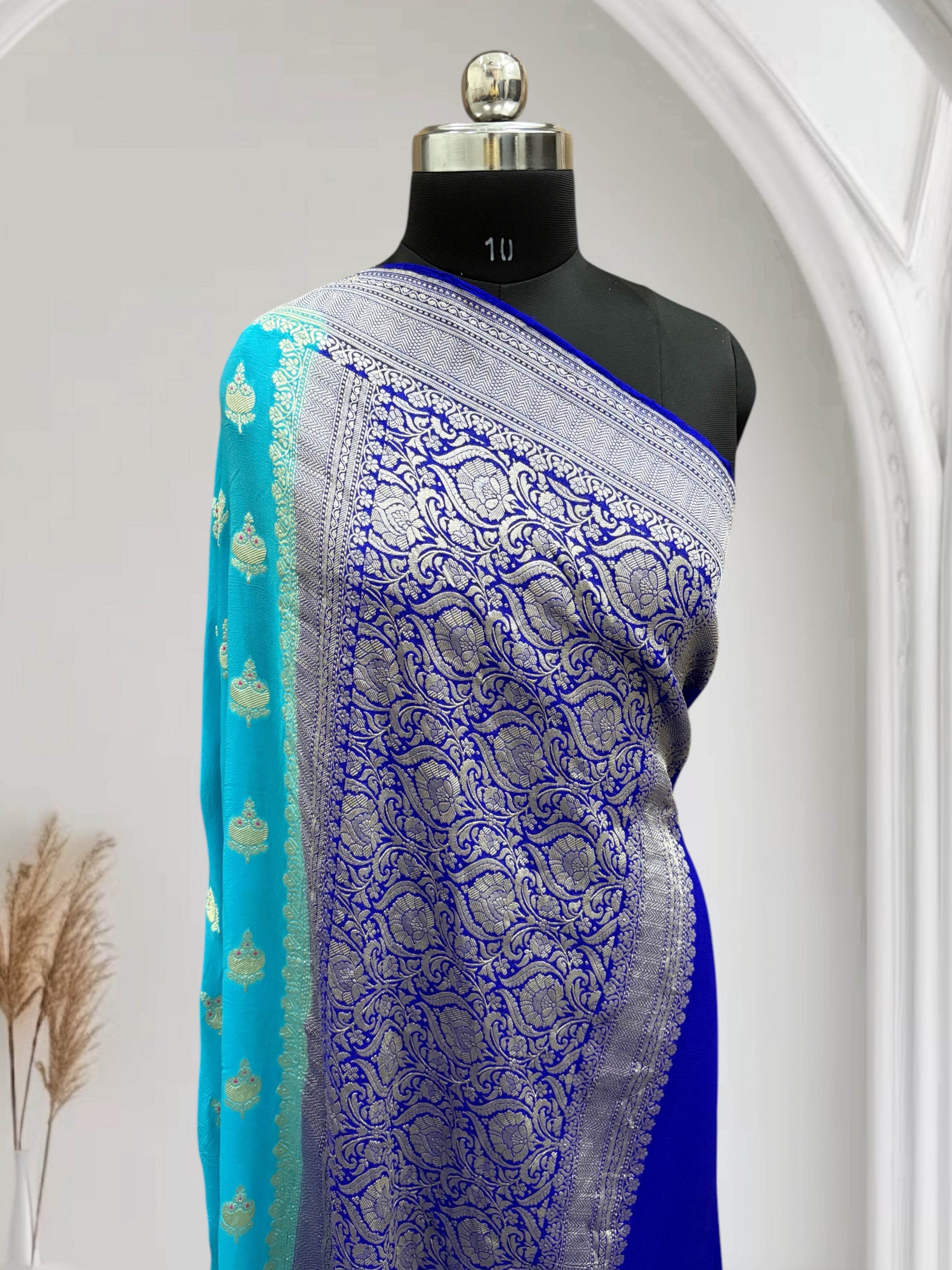 Royal Blue & Blue-Green Chiffon Pure Georgette Banarasi Saree - Zohra Silk