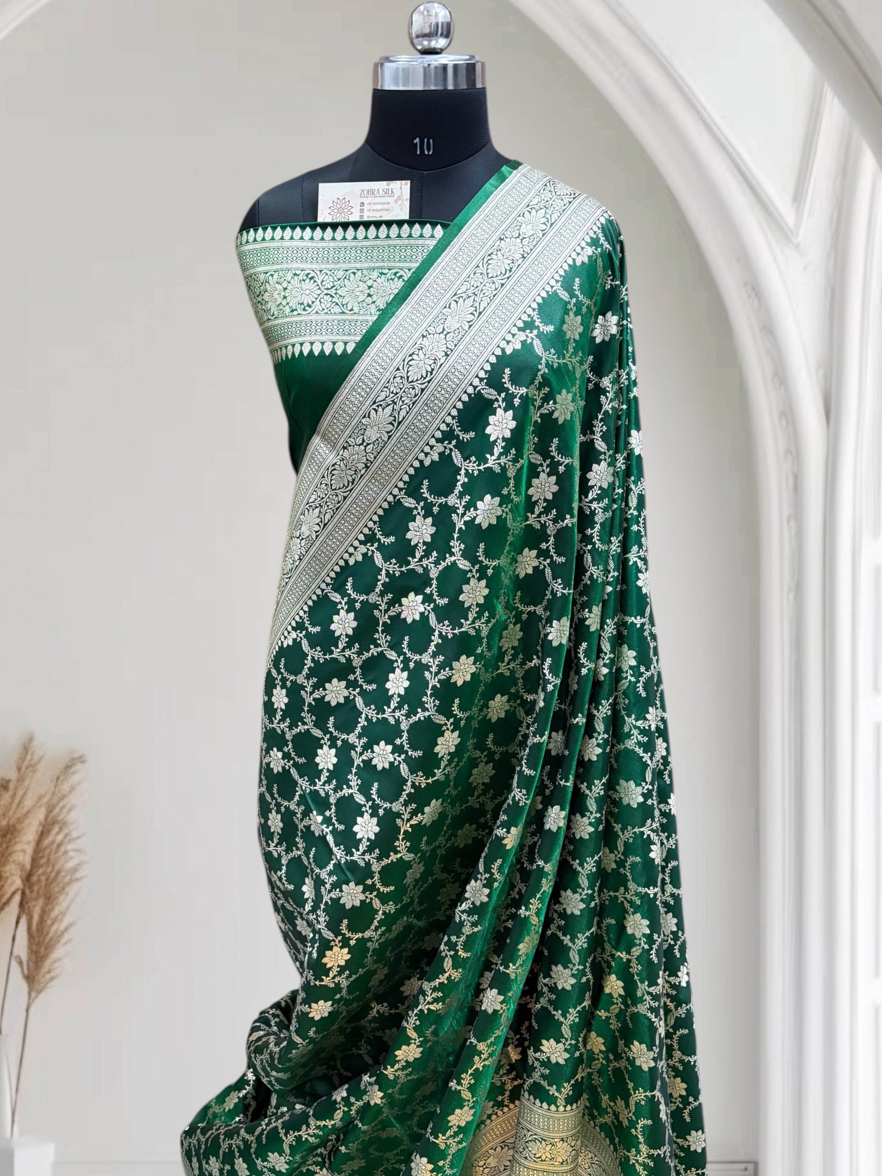 Dark Green With Shaded Jaal Pattern Satin Silk Saree - Zohra Silk