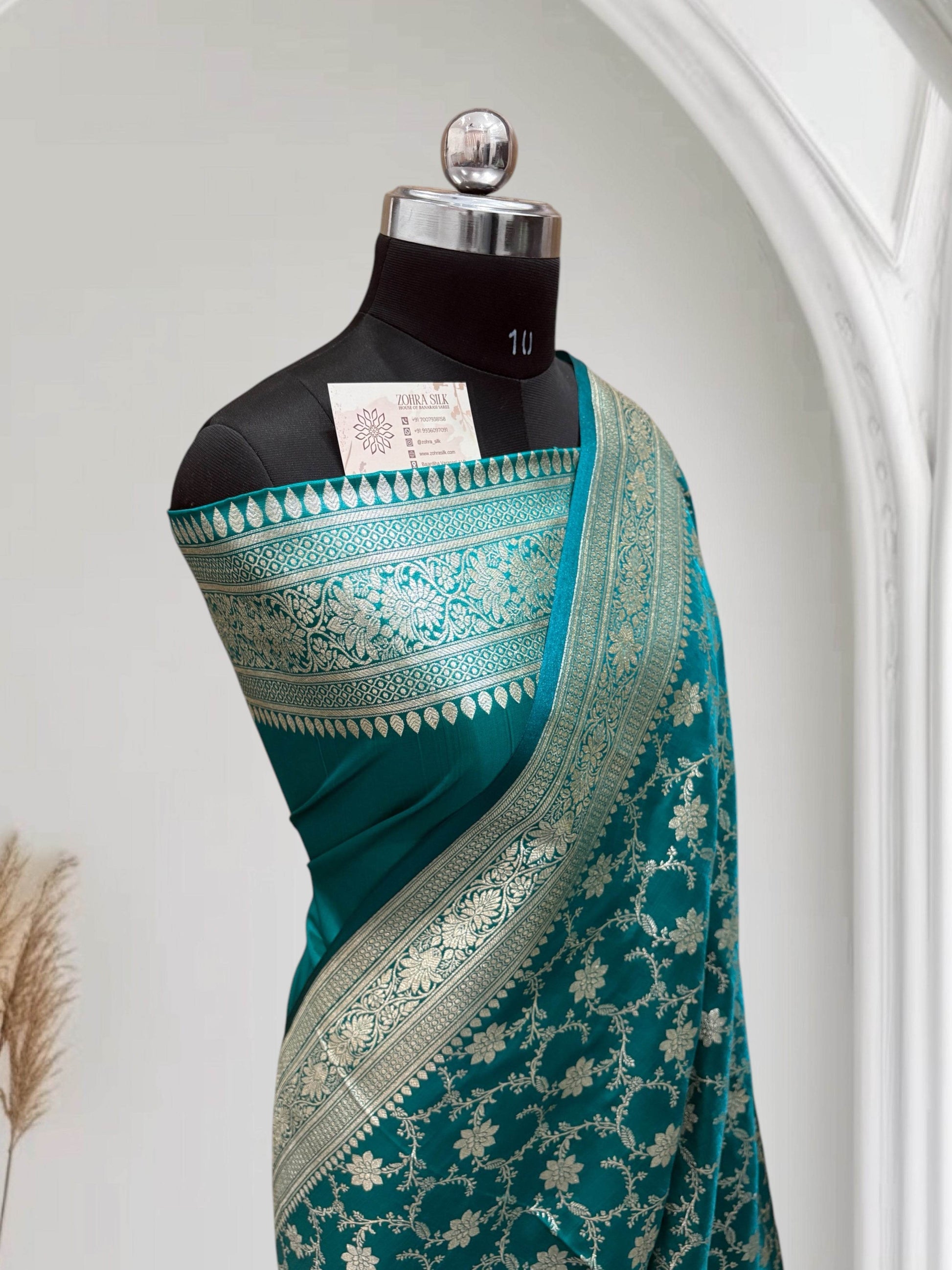 Rama Green Jaal Pattern Satin Silk Saree - Zohra Silk