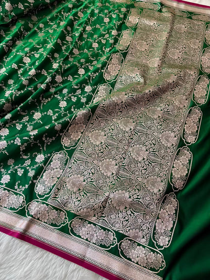 Green Soft Kataan Silk Banarasi Saree In Jaal Weaving