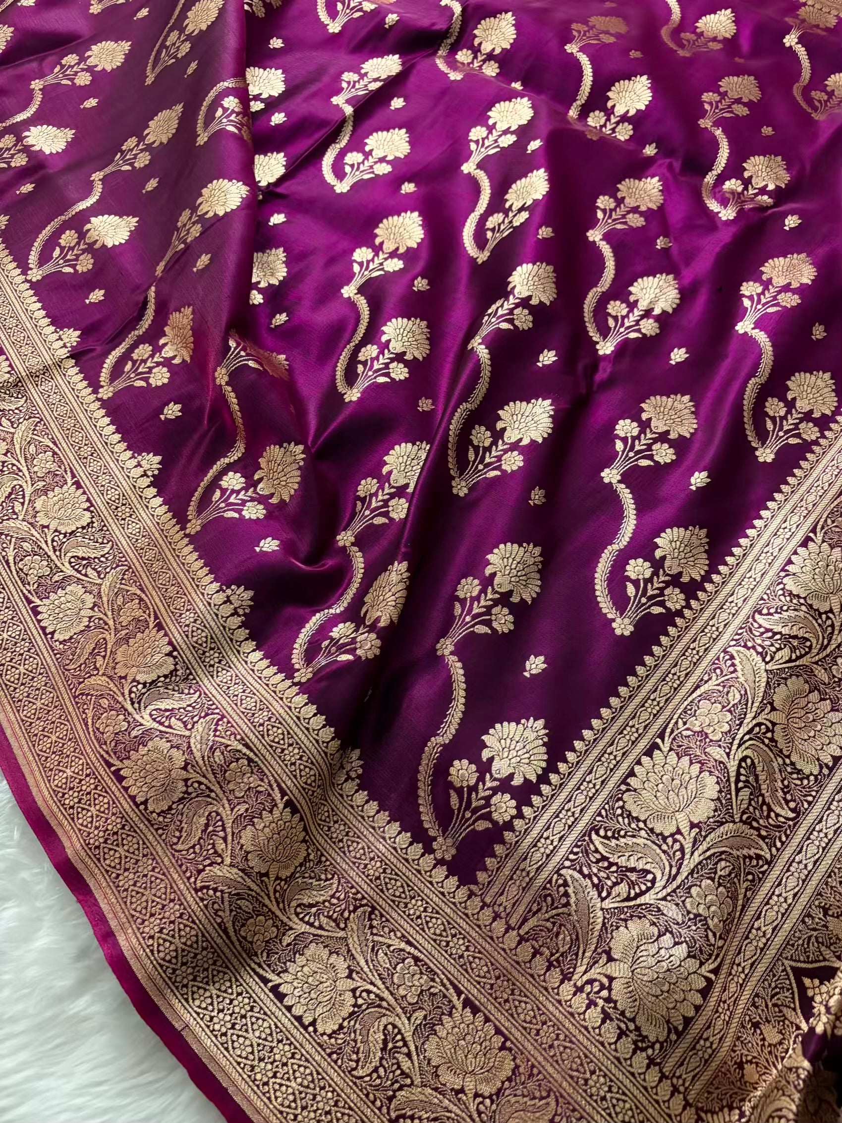 Wine Satin Silk Banarasi Saree – Tircha Jaal