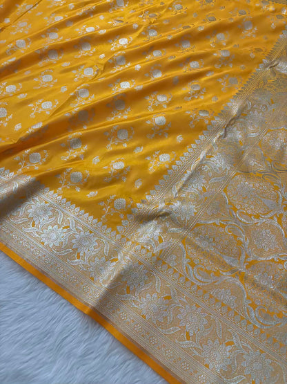 Yellow Floral Buti Satin Silk Banarasi Saree