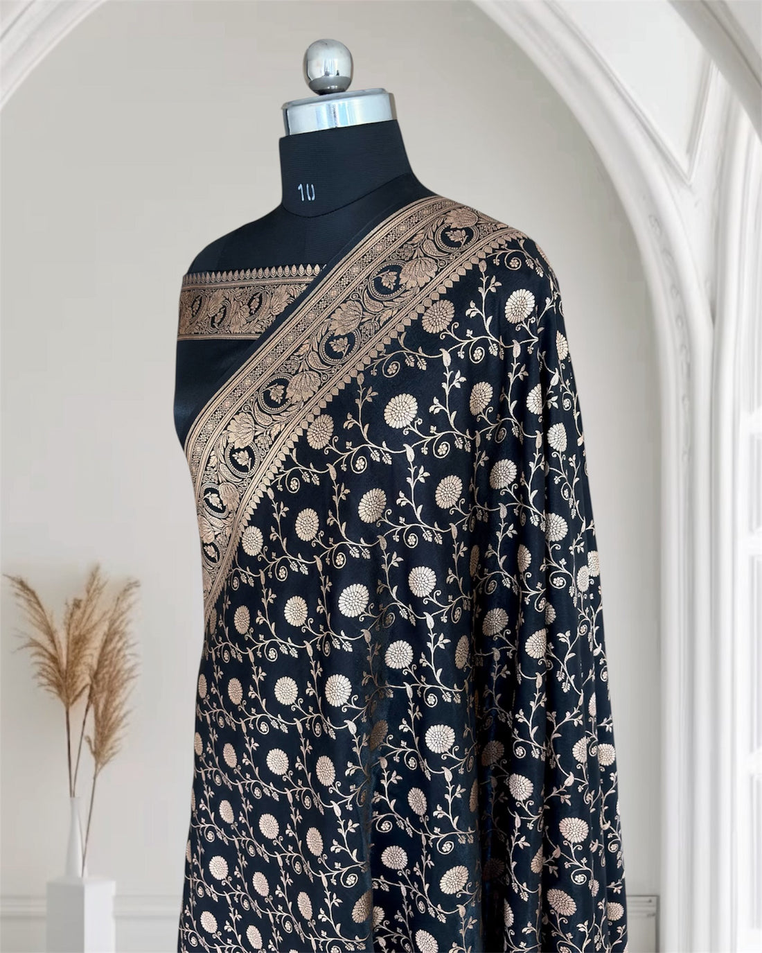 Black Satin Silk Banarasi Saree In Marigold Jaal