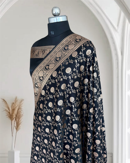 Black Satin Silk Banarasi Saree In Marigold Jaal