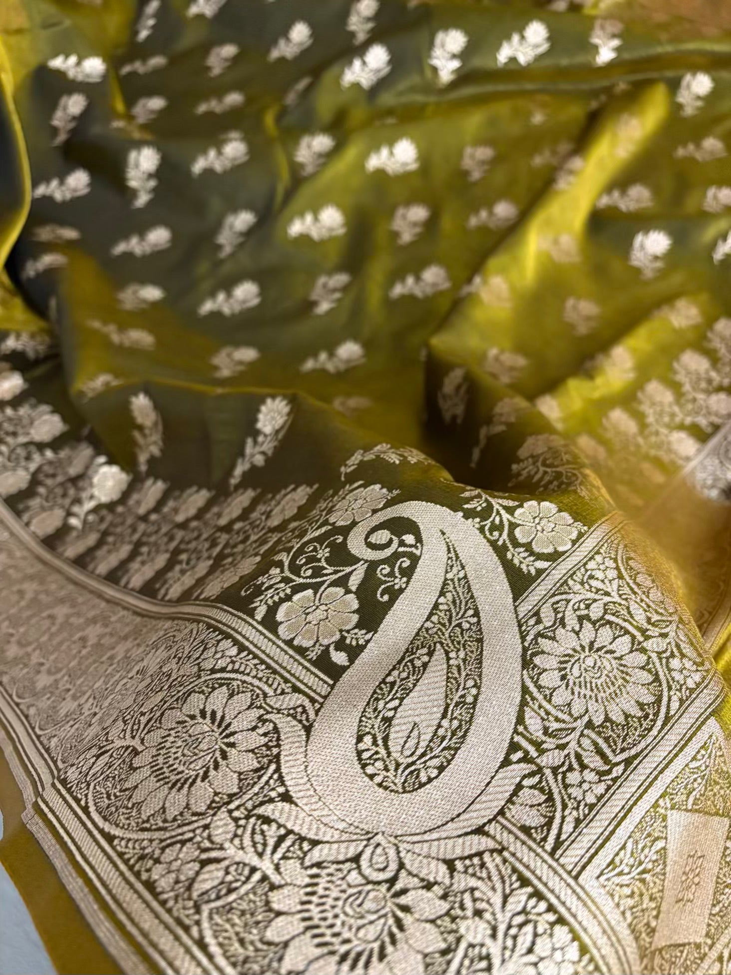 Mehdi Green Satin Silk Banarasi Fancy Saree