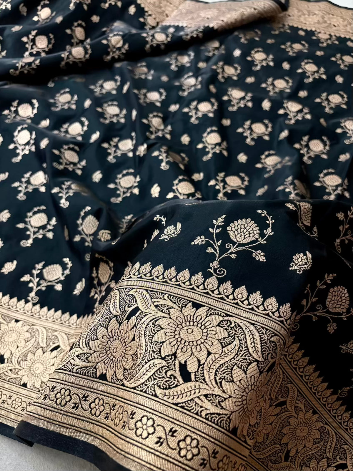 Black Floral Buti Satin Silk Banarasi Saree