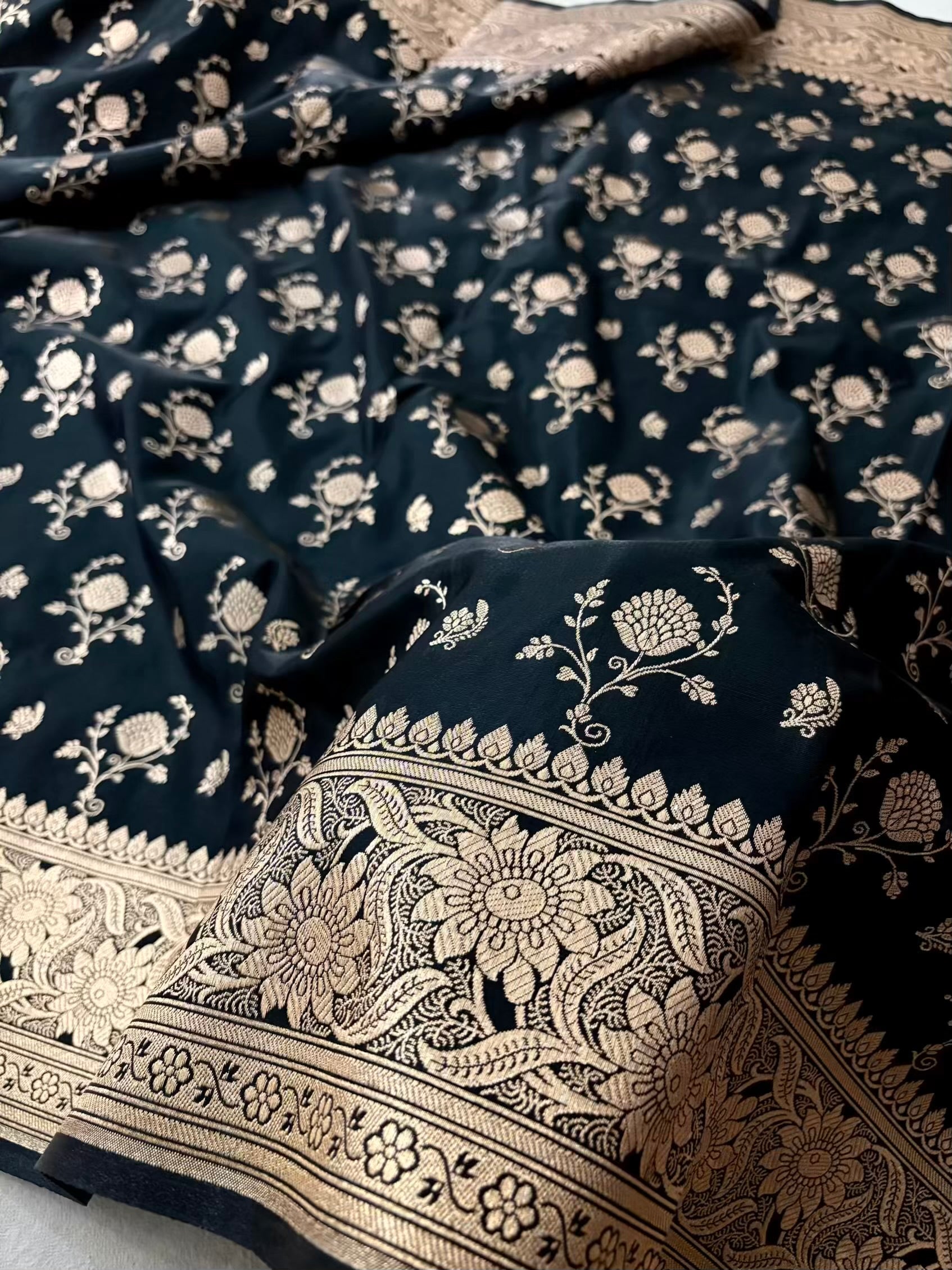 Black Floral Buti Satin Silk Banarasi Saree