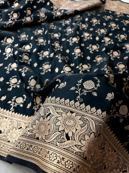 Black Floral Buti Satin Silk Banarasi Saree