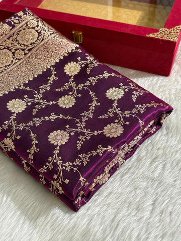 Wine Satin Silk Banarasi Saree with Golden Zari Floral Bel Jaal