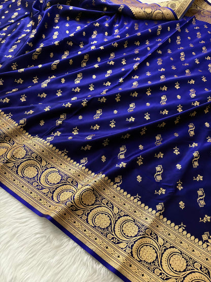 Blue Motifs Satin Silk Banarasi Saree