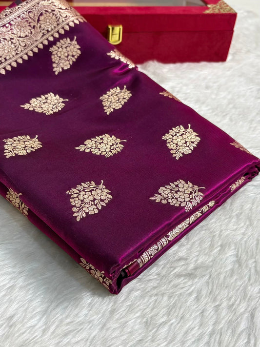 Wine Shaded New Motif Satin Silk Banarasi Saree.