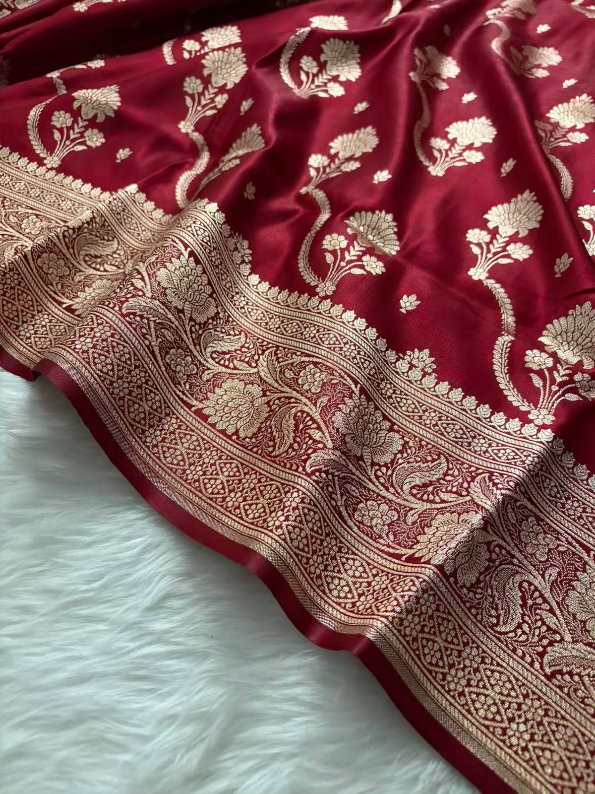 Maroon Satin Silk Banarasi Saree – Tircha Jaal