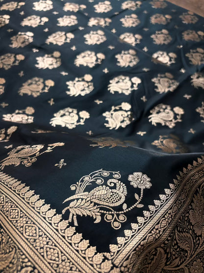 MorPankhi Black Satin Silk Banarasi Saree