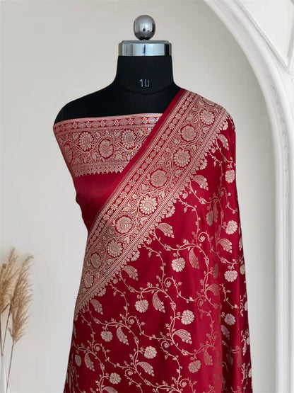 Red Kataan Satin Silk Banarasi Saree Bridal Jaal