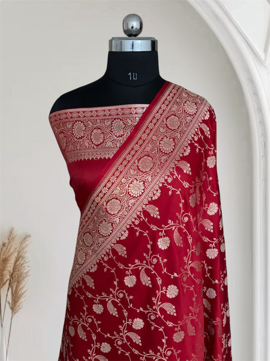 Red Kataan Satin Silk Banarasi Saree Bridal Jaal