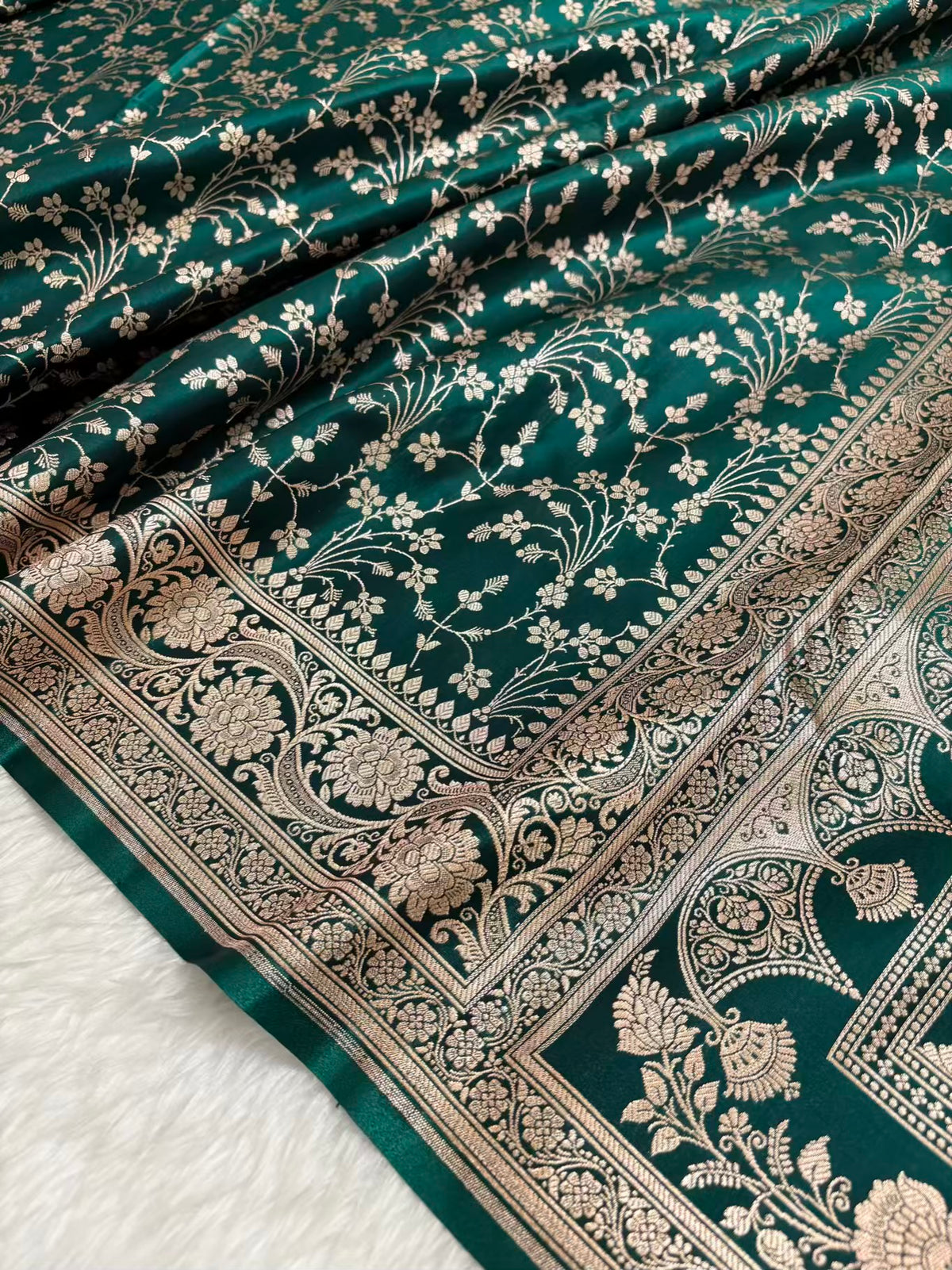 Heavy Jaal Satin Silk Banarasi Saree Teal Green Shades