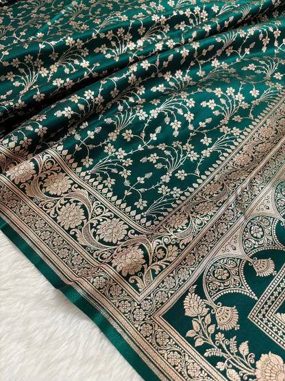 Heavy Jaal Satin Silk Banarasi Saree Teal Green Shades