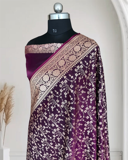 Heavy Jaal Satin Silk Banarasi Saree Wine Shades