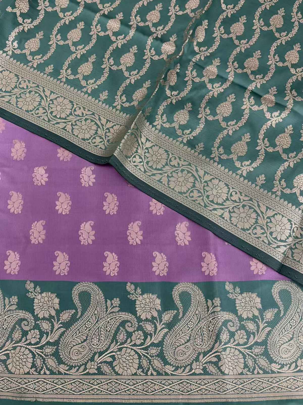 Safaya Green and Lovender Satin Silk Banarasi Suit