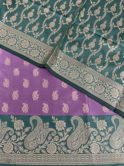 Safaya Green and Lovender Satin Silk Banarasi Suit