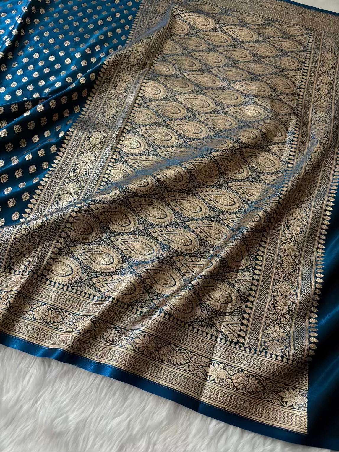 Dark Blue Satin Silk Banarasi Motif Saree