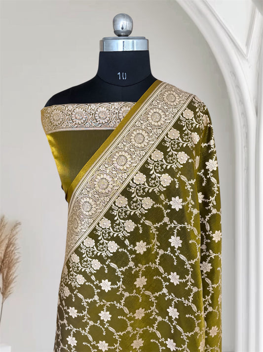 Mehdi Green Satin Silk Banarasi Saree Floral Swarna Latika Jaal