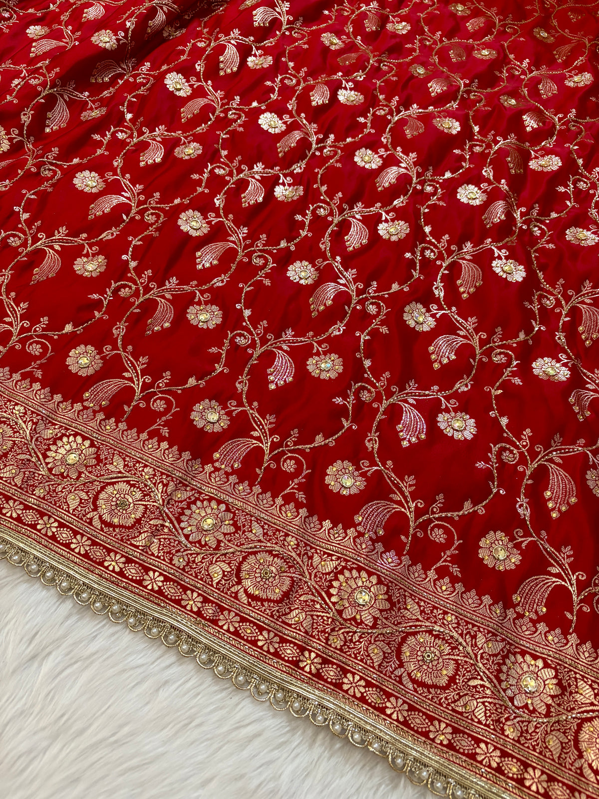 Bridal Red Satin Kataan Silk Banarasi Saree Heavy Aari Work