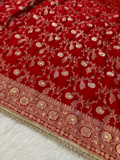 Bridal Red Satin Kataan Silk Banarasi Saree Heavy Aari Work