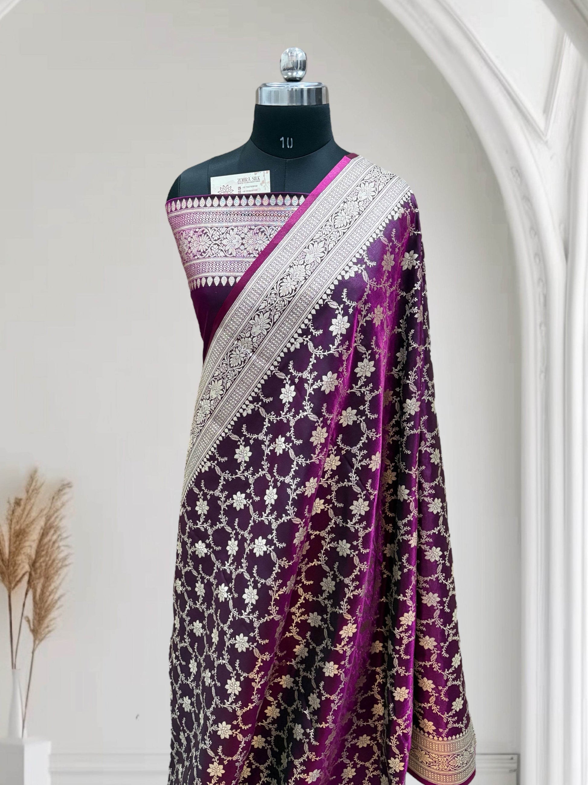 Satin Silk Banarasi Saree in Magenta - Zohra Silk