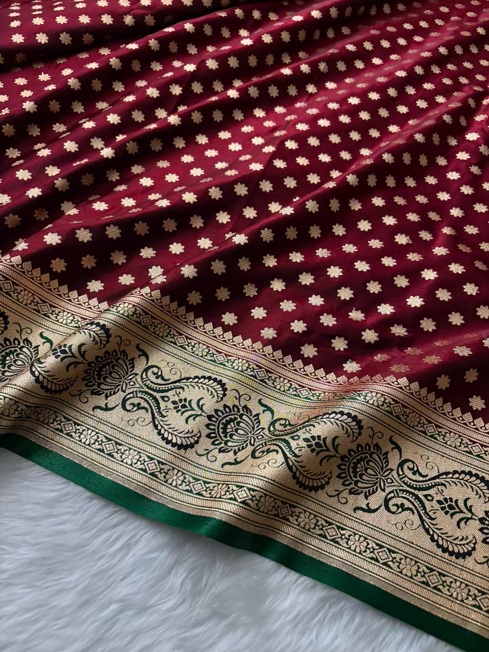 Dark Maroon With Green Contrast Satin Silk Banarasi Saree