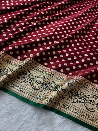 Dark Maroon With Green Contrast Satin Silk Banarasi Saree