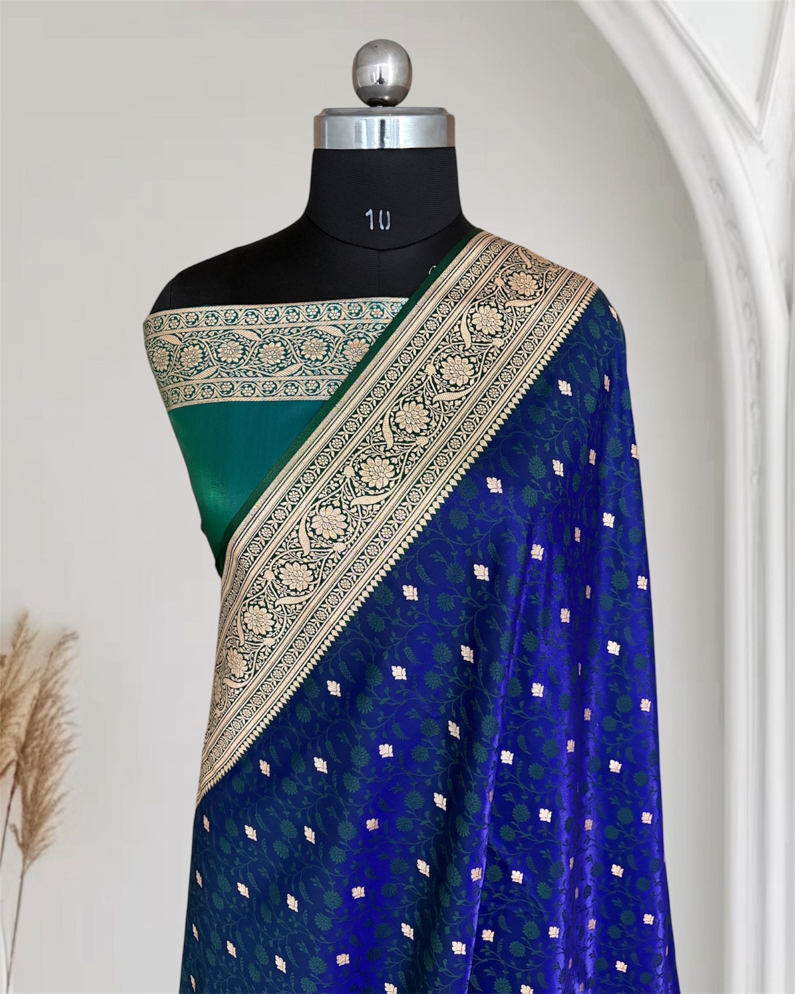 Blue & Green Satin Silk Banarasi Saree Tanchui Jaal