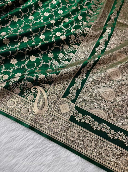 Botel Green Satin Silk Banarasi Saree Floral Swarna Latika Jaal