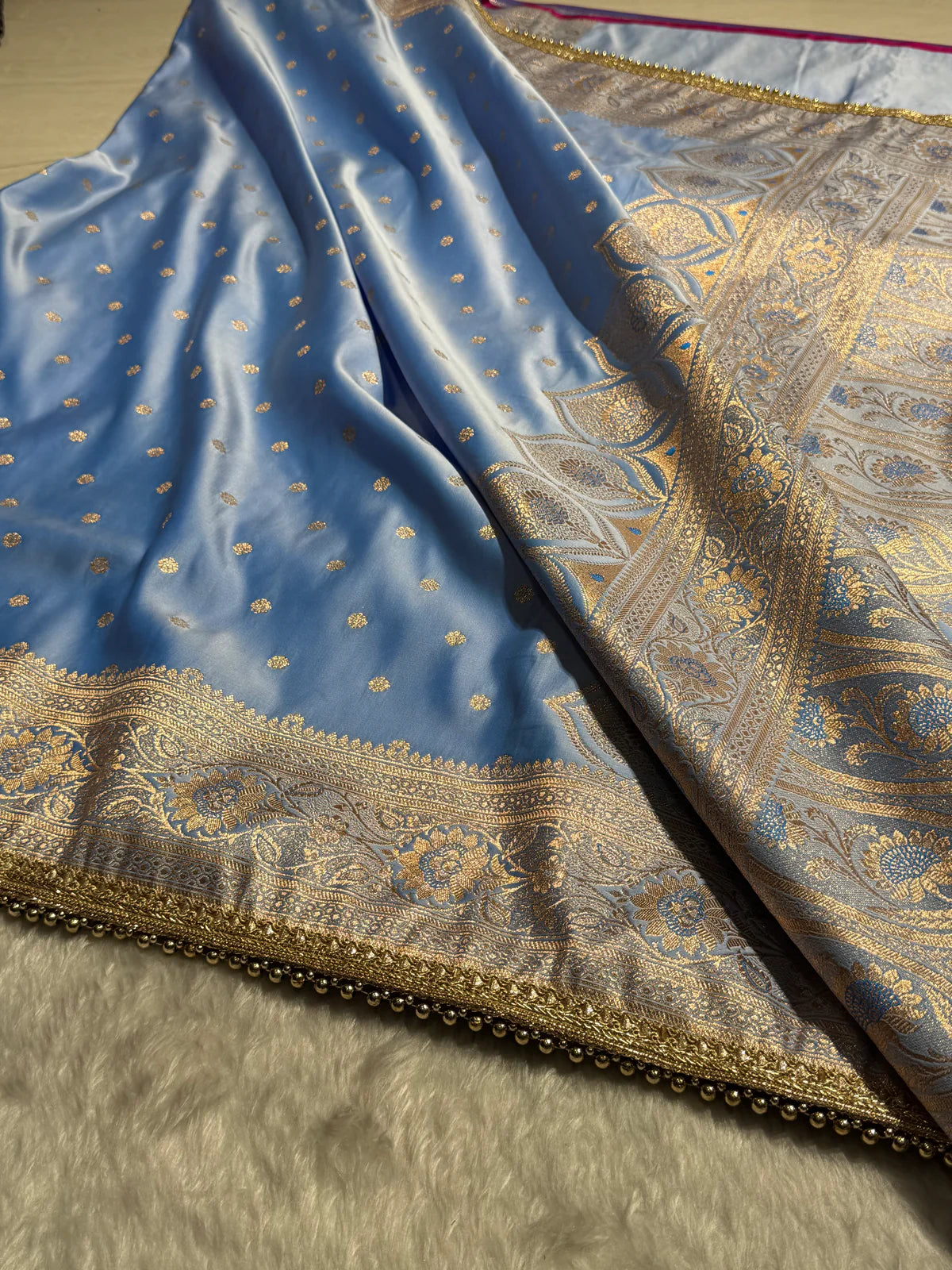 Satin Katan Powder Blue Silk Saree With Gotta Patti