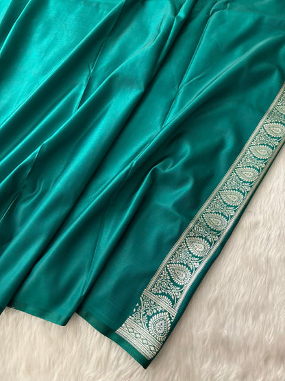 Rama Green Satin Silk Banarasi Saree Silver Motif