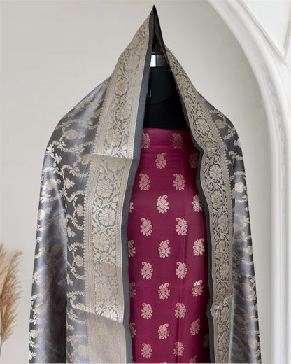 Grey and Rani Satin Silk Banarasi Suit