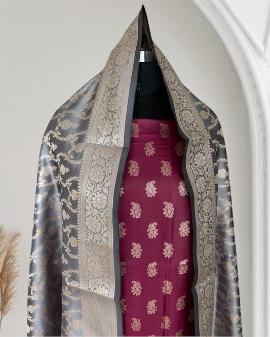 Grey and Rani Satin Silk Banarasi Suit