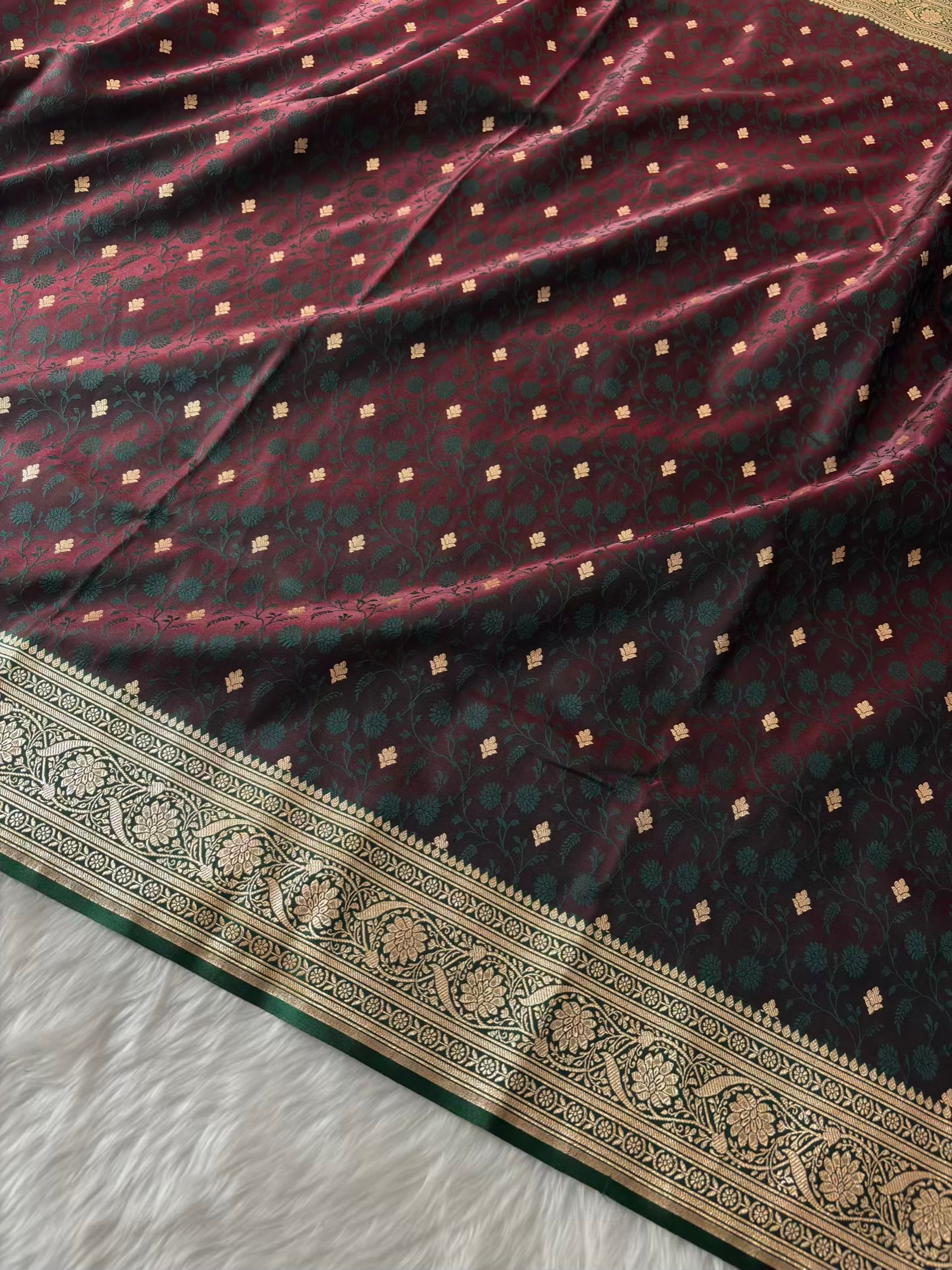 Dark Maroon & Green Satin Silk Banarasi Saree Tanchui Jaal
