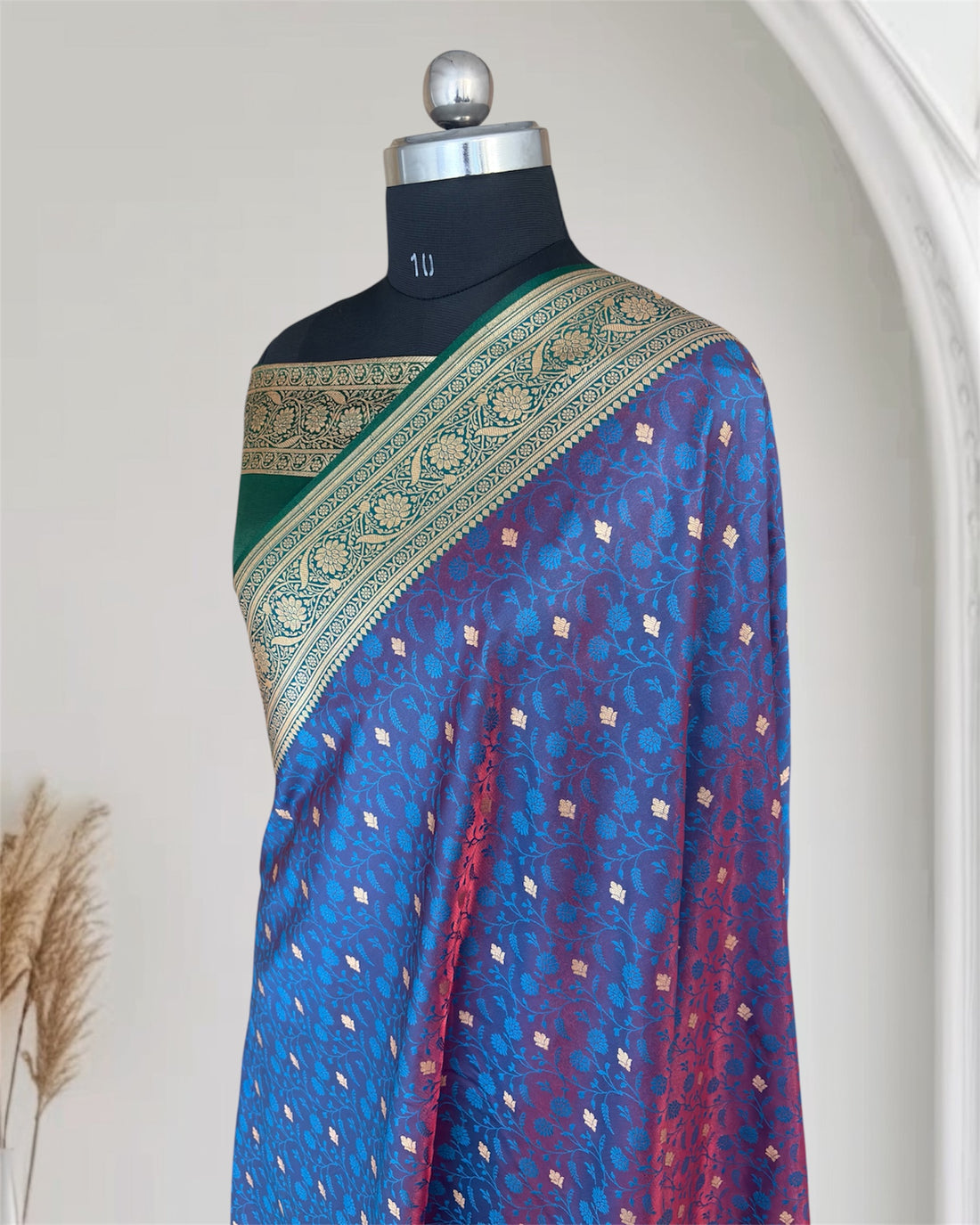 Peacock shaded Satin Silk Banarasi Saree Tanchui Jaal